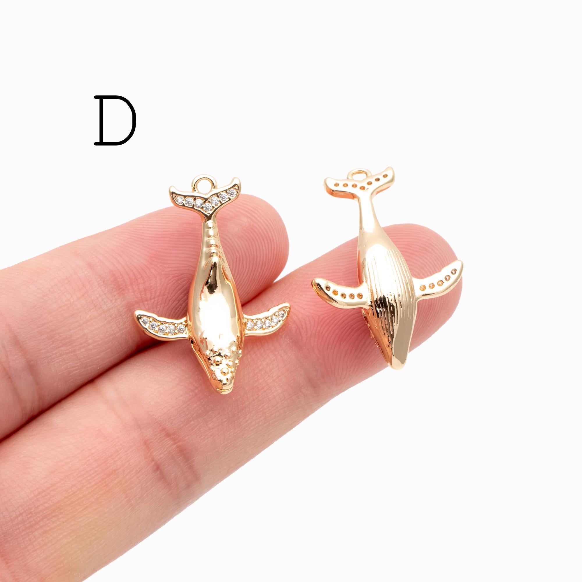 4pcs CZ Pave Gold Whale charm, 18K Real Gold plated Brass, 3D Whale Charm, Whale pendant (GB-2560)
